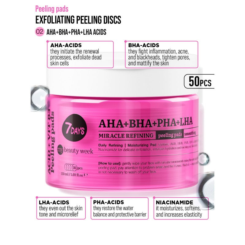 Exfoliating Peeling Pads, AHA+BHA-PHA+LHA, 50 δισκία, 7DAYS