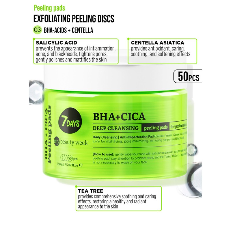 Exfoliating Peeling Pads, BHA+CICA, 50 δισκία, 7DAYS