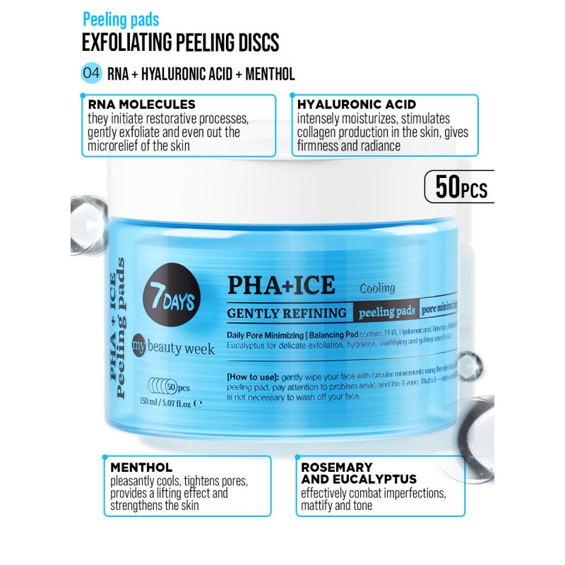Exfoliating Peeling Pads, PHA+ICE, 50 δισκία, 7DAYS