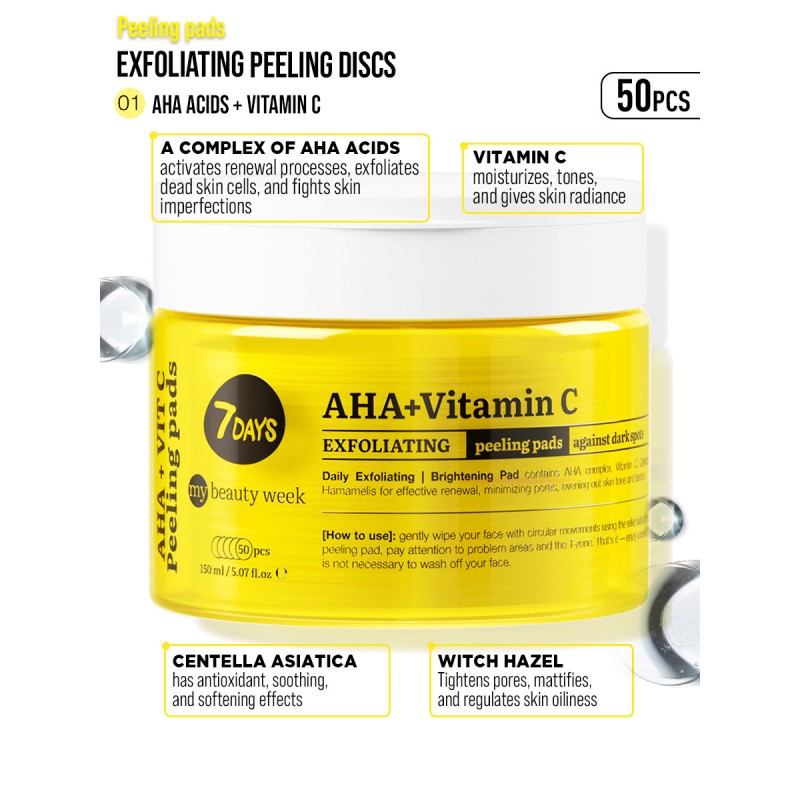 Exfoliating Peeling Pads, AHA+VITAMIN C, 50 δισκία, 7DAYS