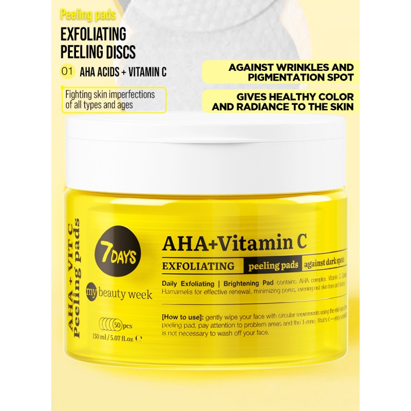 Exfoliating Peeling Pads, AHA+VITAMIN C, 50 δισκία, 7DAYS